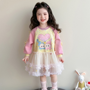 女童春秋新款 卡通小精灵卫衣裙女宝宝甜美网纱裙萌趣拼接连衣裙潮