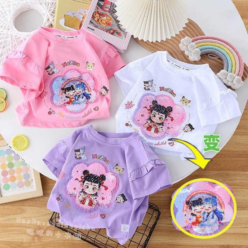 女.童哪吒敖丙变脸变色短袖2夏季女孩哪咤亮片翻转T恤纯棉上衣潮5