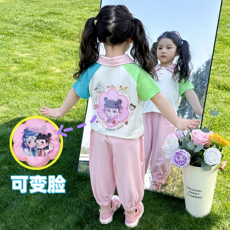 女小童哪吒亮片变脸发光polo领短袖套装夏季幼儿发光休闲裤两件套