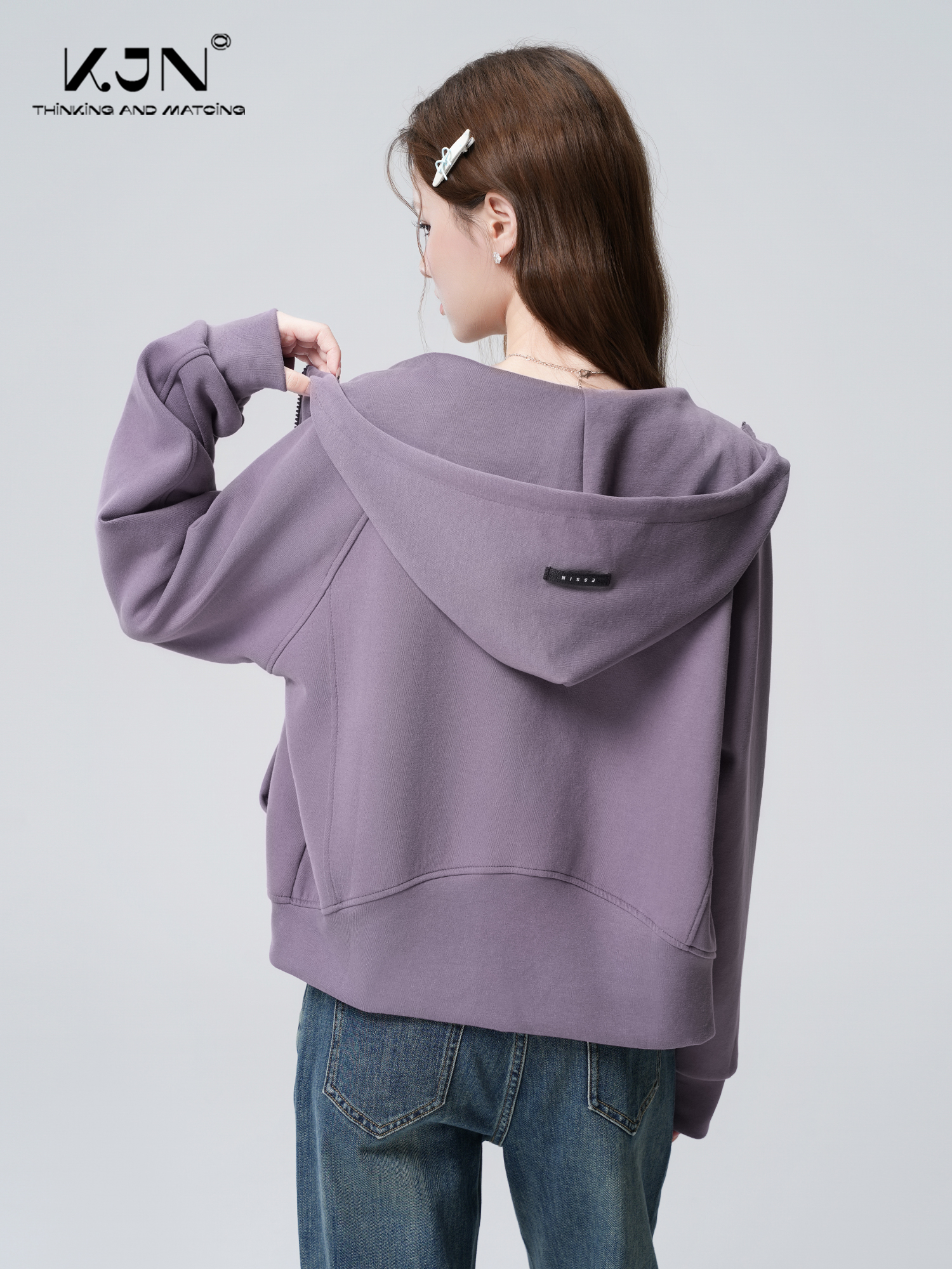 紫色覆古连帽卫衣外套女春秋2025秋新款宽松拉炼开衫带帽短款上衣