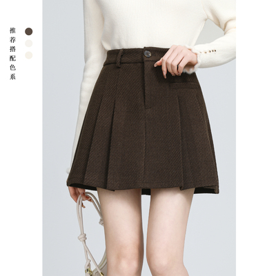毛呢加厚半身裙女2025秋冬新款学院风高腰显瘦JK百褶裙A字短裙子