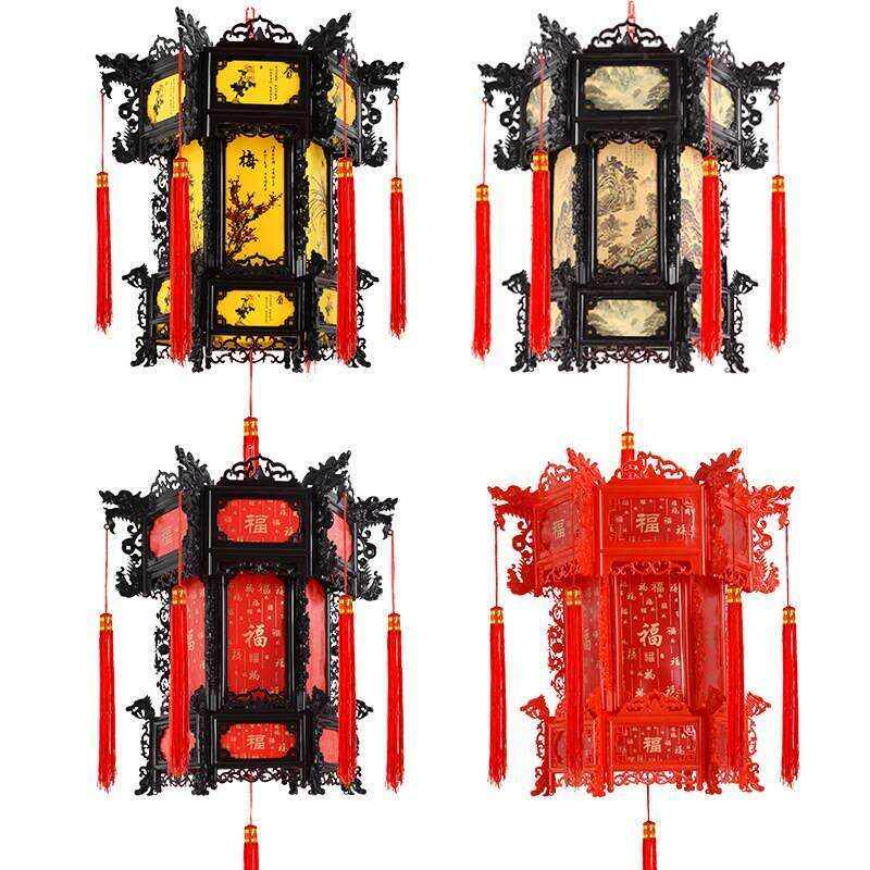 旋转走马宫灯中式仿年古花大红灯笼饰雕实木宫廷灯装笼新吊灯