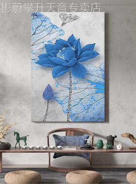 网红蓝色荷花纯绘油画新中式手玄关装饰画客厅抽象肌禅意花卉理画