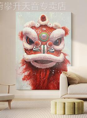 网红中饰国手风雄狮纯绘油画国潮客厅装画新中式招财进宝玄关肌理
