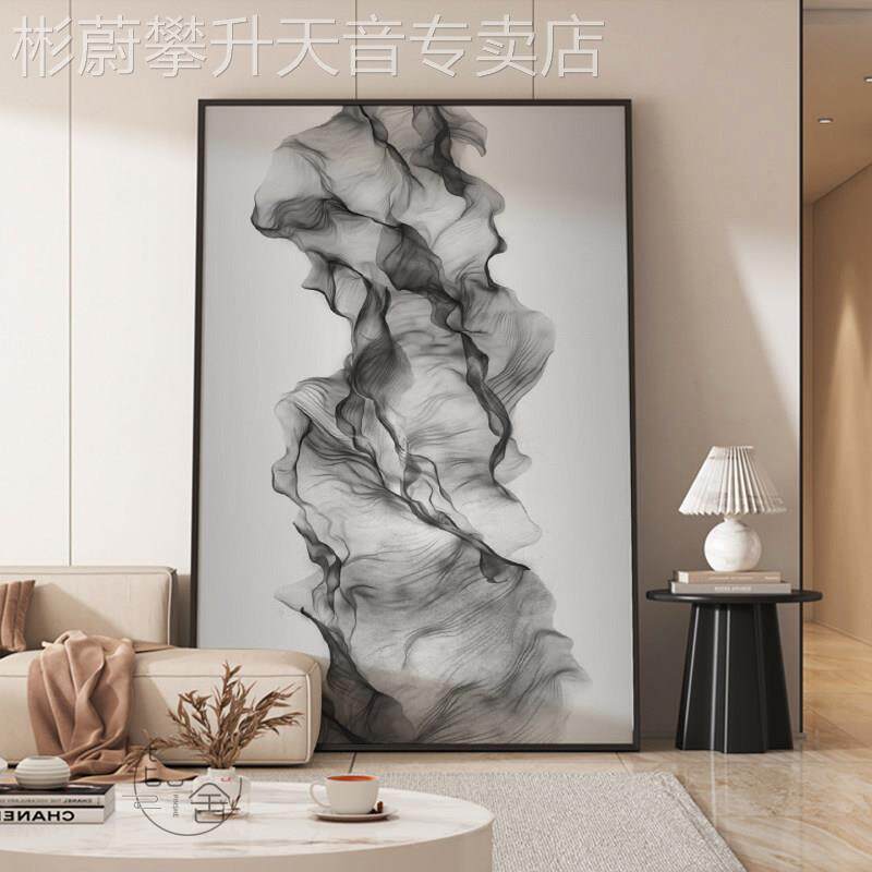 网红水墨抽意境客装厅象饰画白个性玄壁画简约过黑道背景墙线关条
