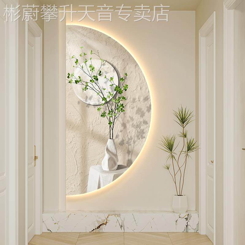 网红奶油过玄关装饰画肌理风画北欧绿植入户走廊道挂画氛围感带灯