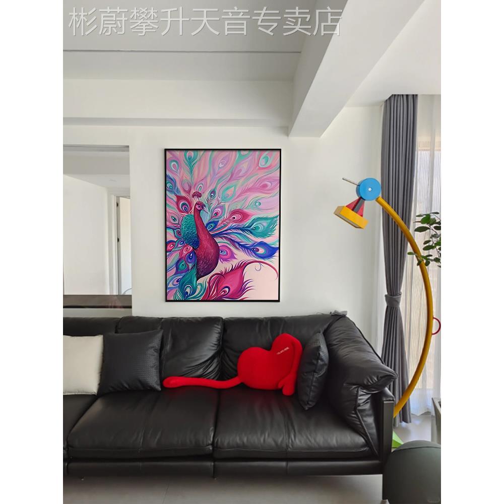 网红多巴胺吉祥孔雀艺屏客厅装饰画玄关彩色术手绘油开画写实动物图片