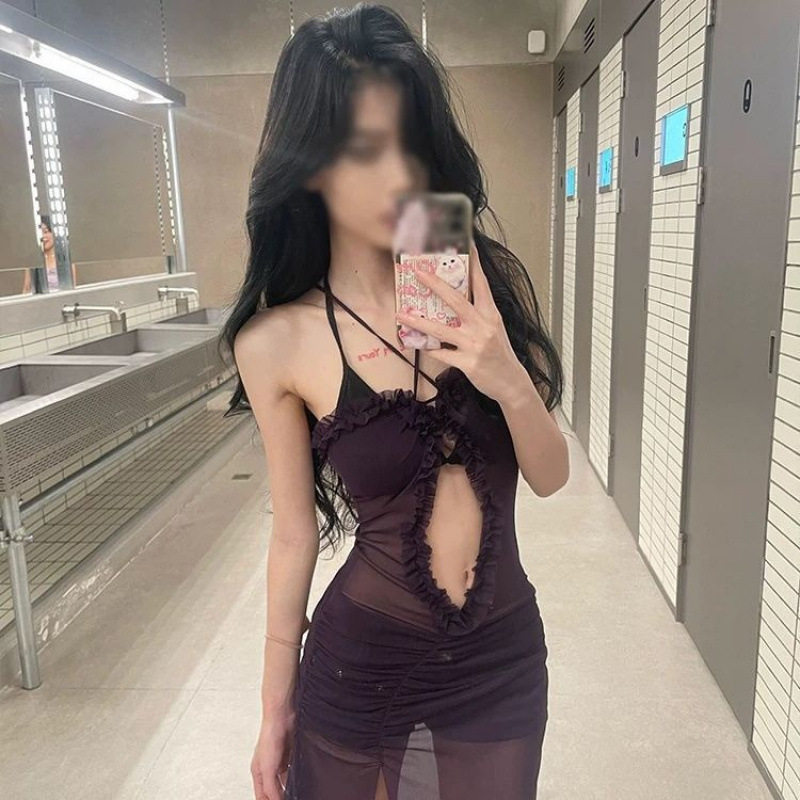 大码美式性感网纱蕾丝镂空吊带连衣裙女夏季辣妹修身开叉长裙