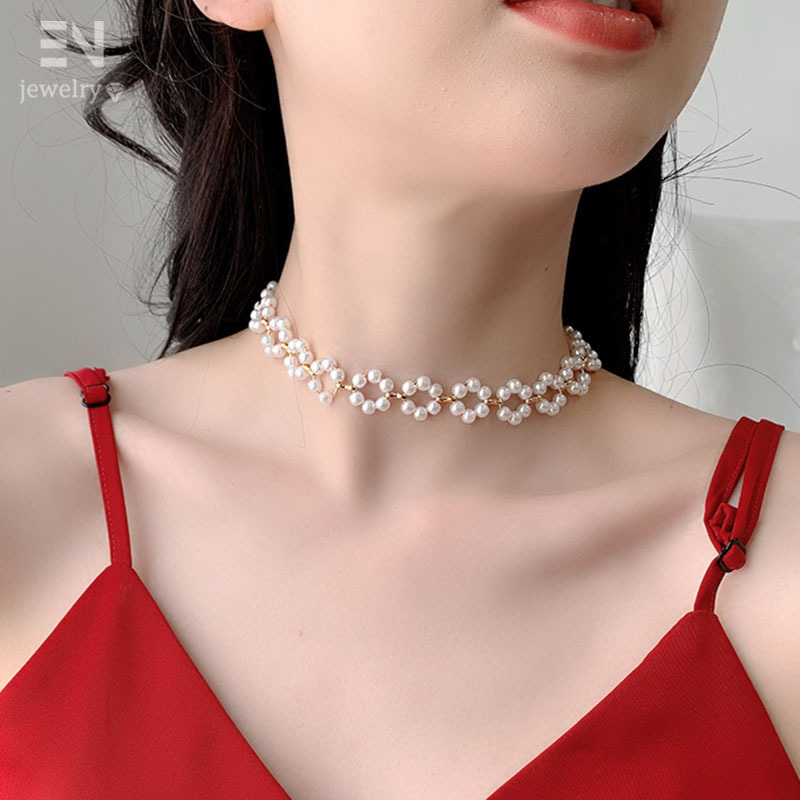 欧美饰品 时尚个性珍珠短款锁骨链 潮流设计爱心圆环花朵项链