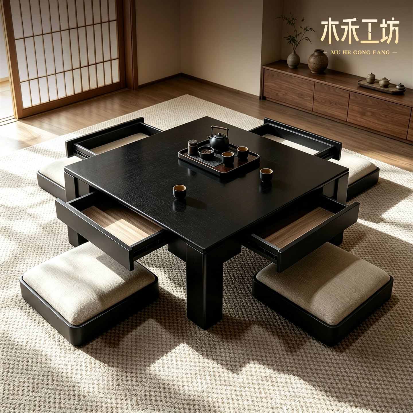 侘寂风实木榻榻米茶桌椅组合日式矮茶几方桌带抽屉民宿坐地方几图片
