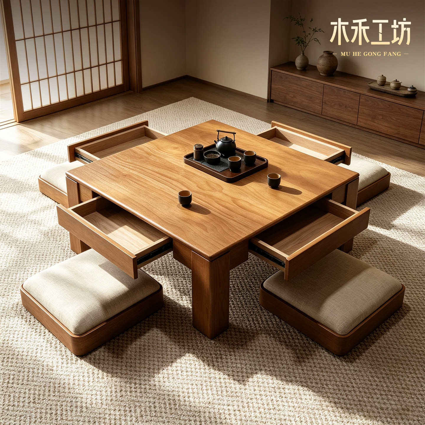 实木榻榻米茶桌椅组合日式矮茶几方桌带抽屉民宿坐地喝茶桌子方几图片