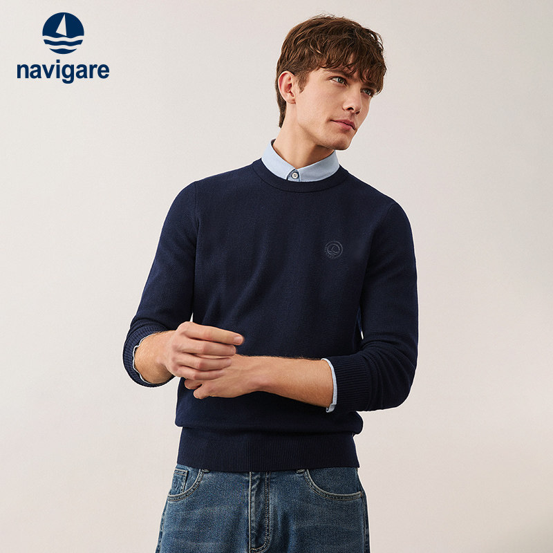 Navigare意大利小帆船秋冬保暖圆领毛衣男士百搭休闲深蓝色针织衫