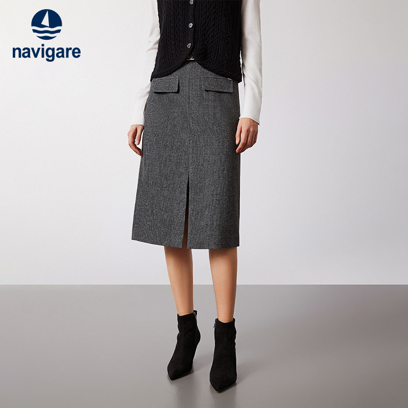 Navigare意大利小帆船千鸟格通勤半身裙女秋季复古中长款开叉裙子,女装/女士精品,半身裙,淘宝优惠券,粉丝福利购,淘宝优惠卷
