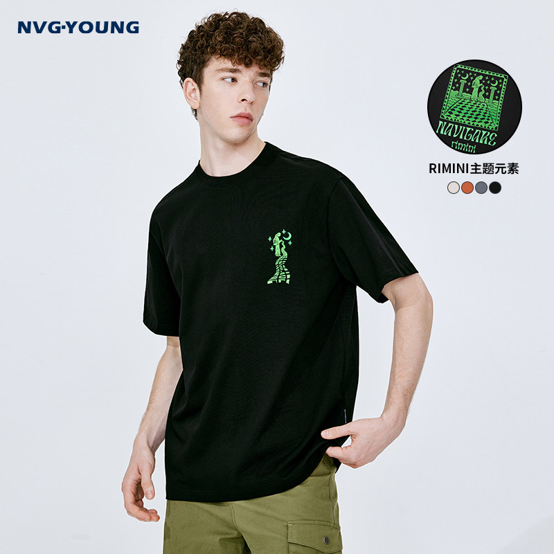 [纯棉]Navigare意大利小帆船黑色t恤男时尚短袖休闲圆领体