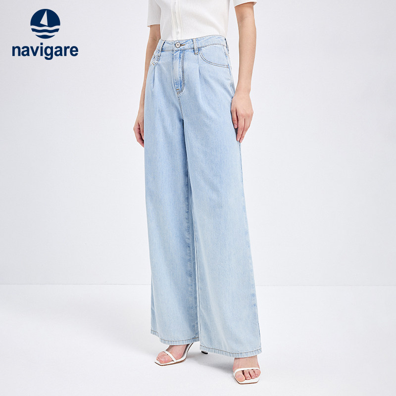 [棉麻]Navigare意大利小帆船夏季经典蓝色休闲女生牛仔长裤