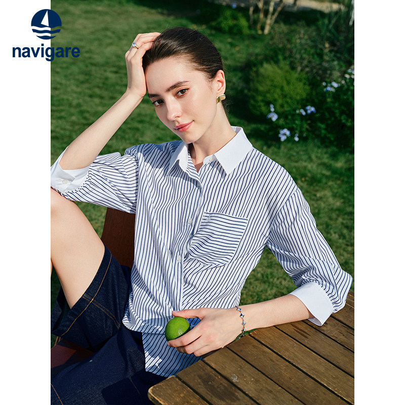 【纯棉】Navigare意大利小帆船蓝色女士工装衬衫休闲条纹衬衣