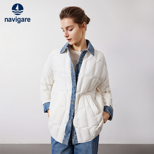 Navigare意大利小帆船白色设计感衬衫羽绒服女冬季保暖外套