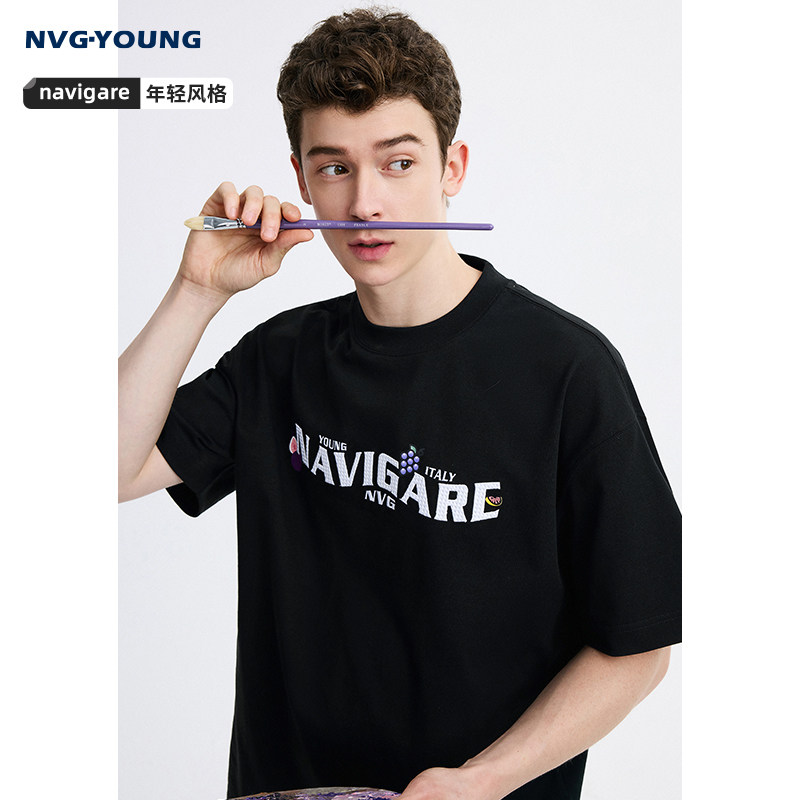 [纯棉]Navigare意大利小帆船夏季黑色字母T恤男短袖圆领体