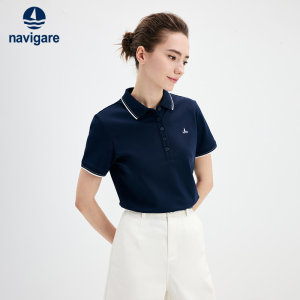 Navigare意大利小帆船蓝色短袖POLO衫女2025夏季休闲翻领T恤