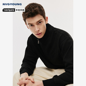 新款 Navigare意大利小帆船半拉链卫衣男士 黑色休闲套头衫 华夫格