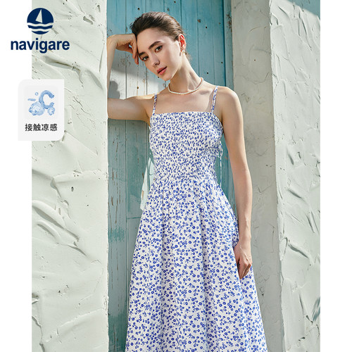 Navigare意大利小帆船蓝色碎花连衣裙女夏季凉感A字抹胸吊带裙子