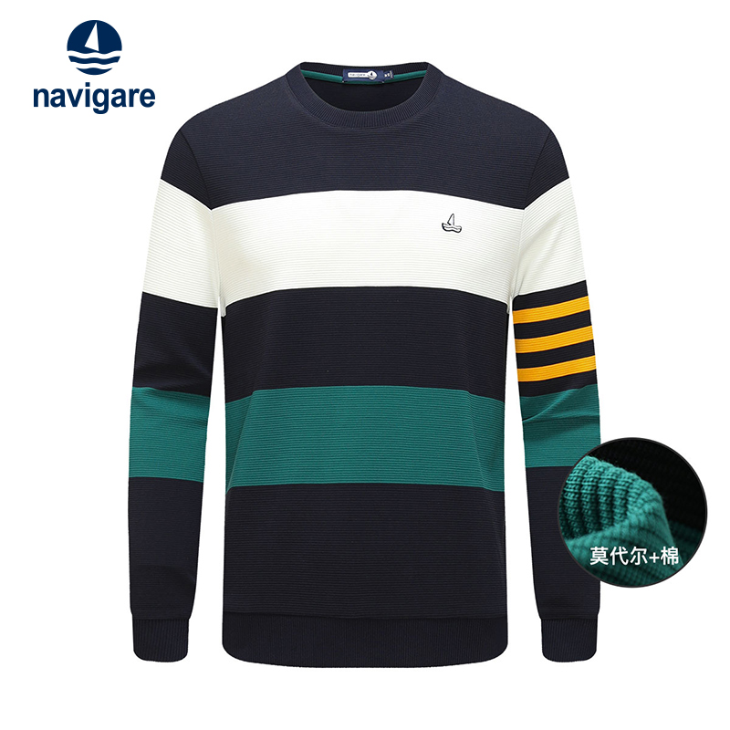 Navigare意大利小帆船莫代尔圆领长袖T恤男休闲条纹内搭打底衫