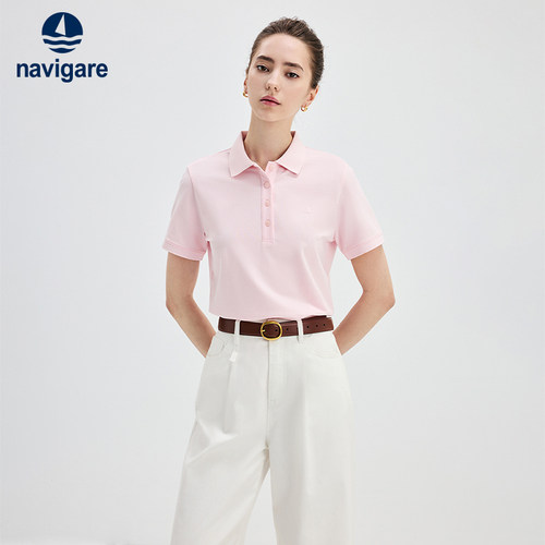 Navigare意大利小帆船夏季女士粉色POLO休闲短袖翻领T恤衫