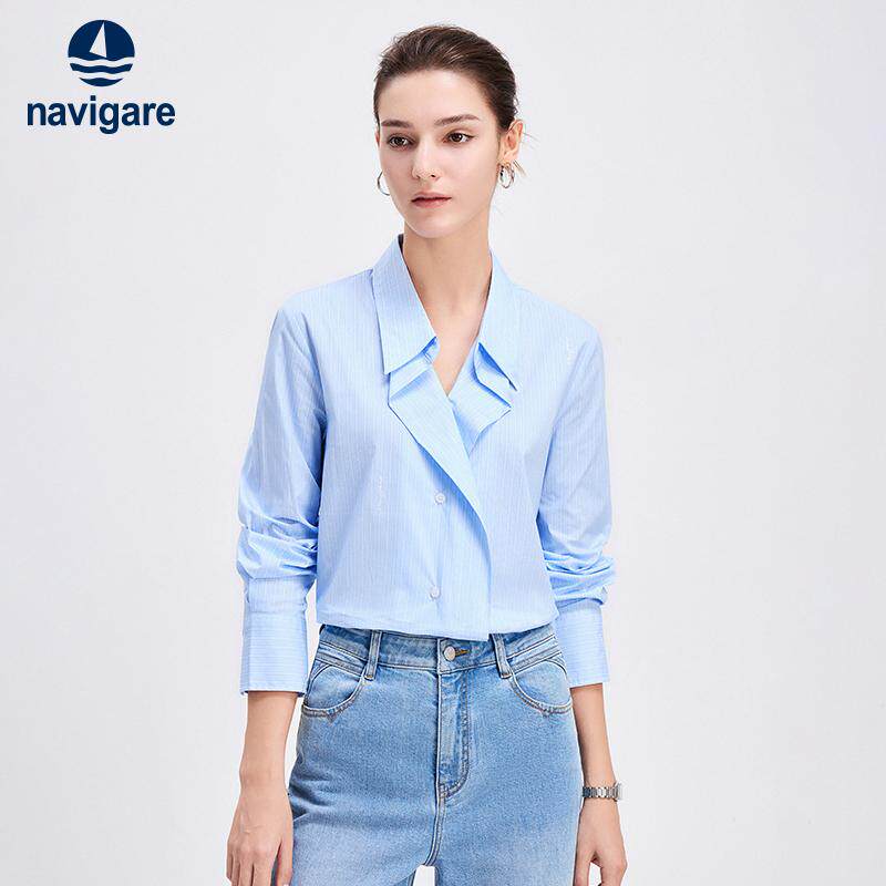 Navigare意大利小帆船新款休闲条纹衬衫女长袖气质设计感衬衣