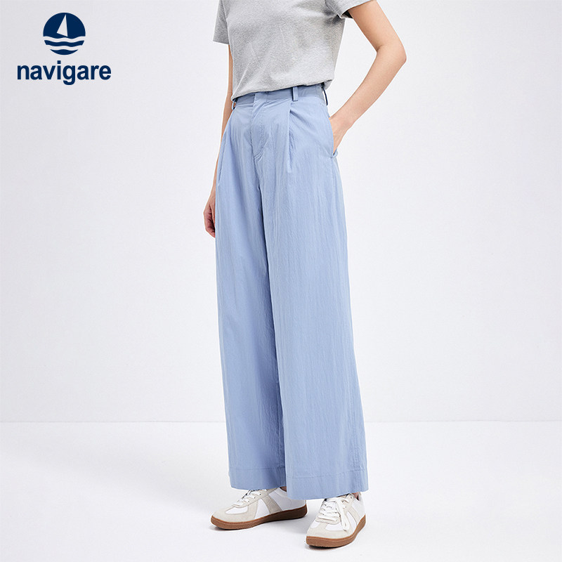 Navigare意大利小帆船蓝色直筒休闲裤女夏季薄款宽松设计感裤子