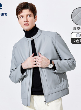 Navigare意大利小帆船灰色哈灵顿夹克外套男士休闲夹棉真皮皮衣