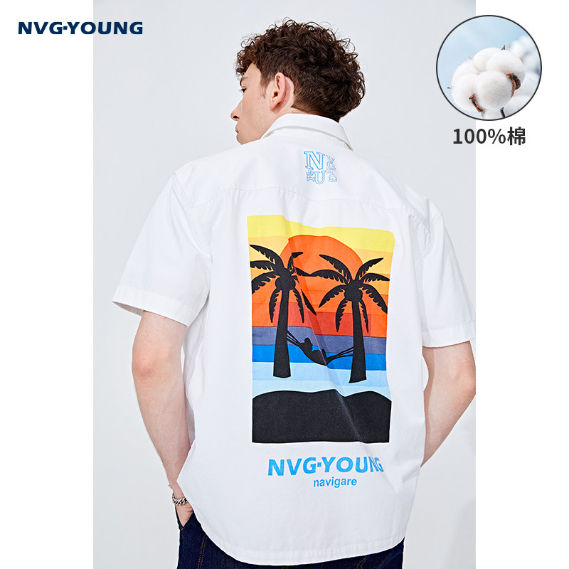 Navigare意大利小帆船白色工装衬衫外套男翻领短袖潮牌宽松衬