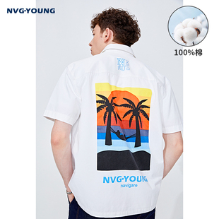 Navigare意大利小帆船白色工装衬衫外套男翻领短袖潮牌宽松衬衣