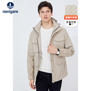 Navigare意大利小帆船卡其色棉服男春季 休闲保暖棉衣外套