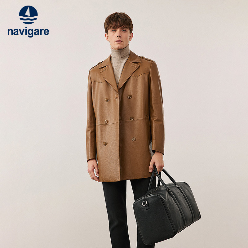 Navigare意大利小帆船美拉德皮衣男长袖休闲中长款牛皮风衣外