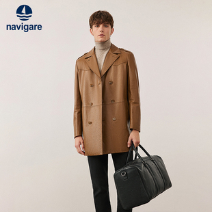 Navigare意大利小帆船美拉德皮衣男长袖 牛皮风衣外套 休闲中长款