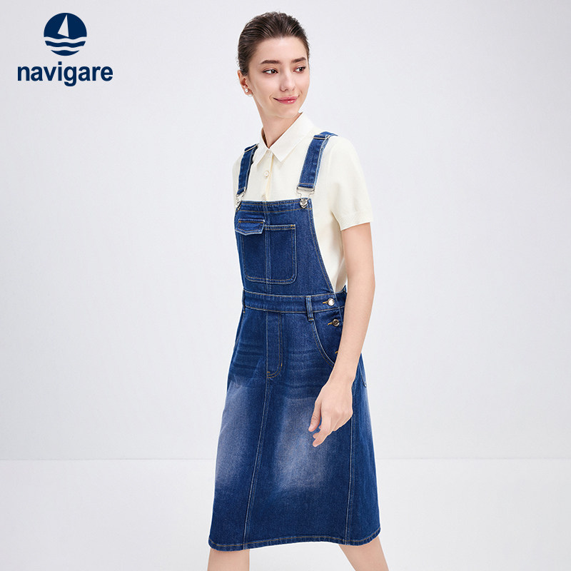 Navigare意大利小帆船牛仔背带裙女士裙子蓝色休闲显瘦连衣裙