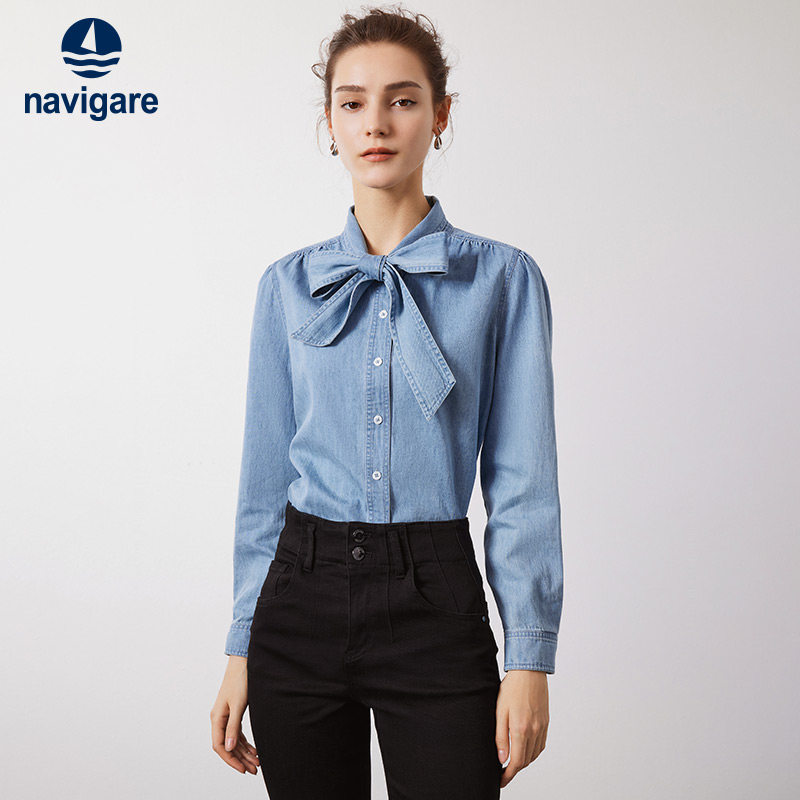 Navigare意大利小帆船秋季蓝色设计感衬衫女长袖休闲牛仔衬衣