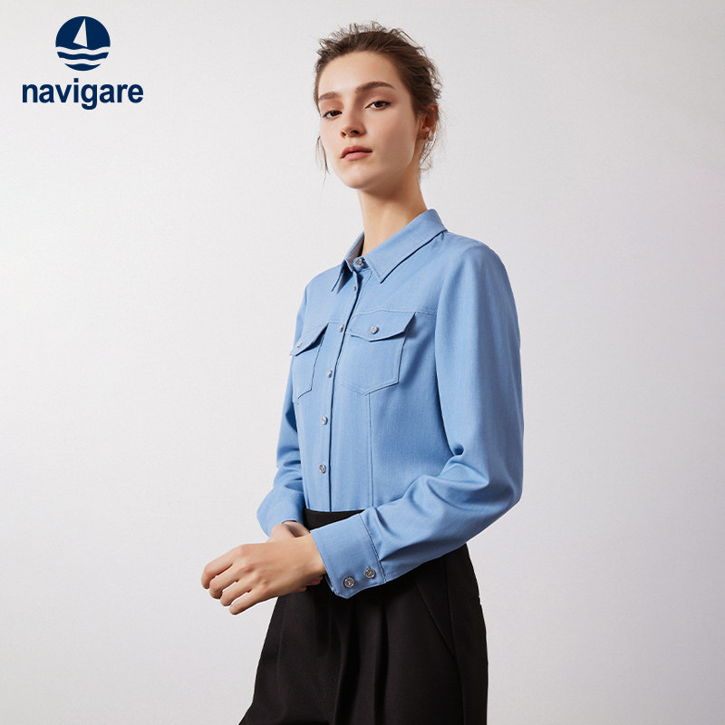 Navigare意大利小帆船秋季新款长袖衬衫女蓝色休闲寸衫工装衬