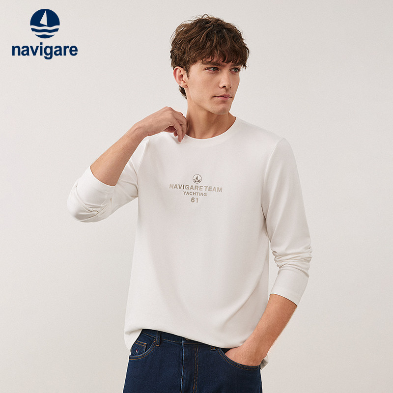 [莫代尔]Navigare意大利小帆船字母圆领长袖T恤男白色体恤