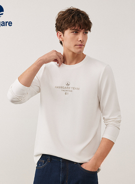 [莫代尔]Navigare意大利小帆船字母圆领长袖T恤男白色体恤打底衫