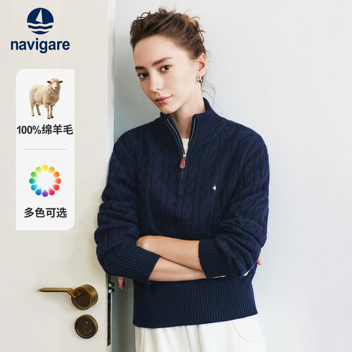 小帆船蓝色半开领针织衫女秋冬