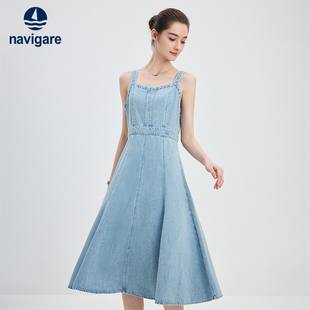 [天丝]Navigare意大利小帆船蓝色牛仔背带连衣裙女士休闲裙子