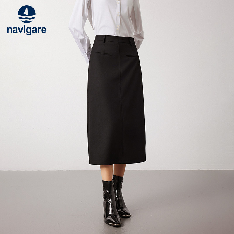 Navigare意大利小帆船黑色休闲半身裙女秋季新款高腰百搭长款