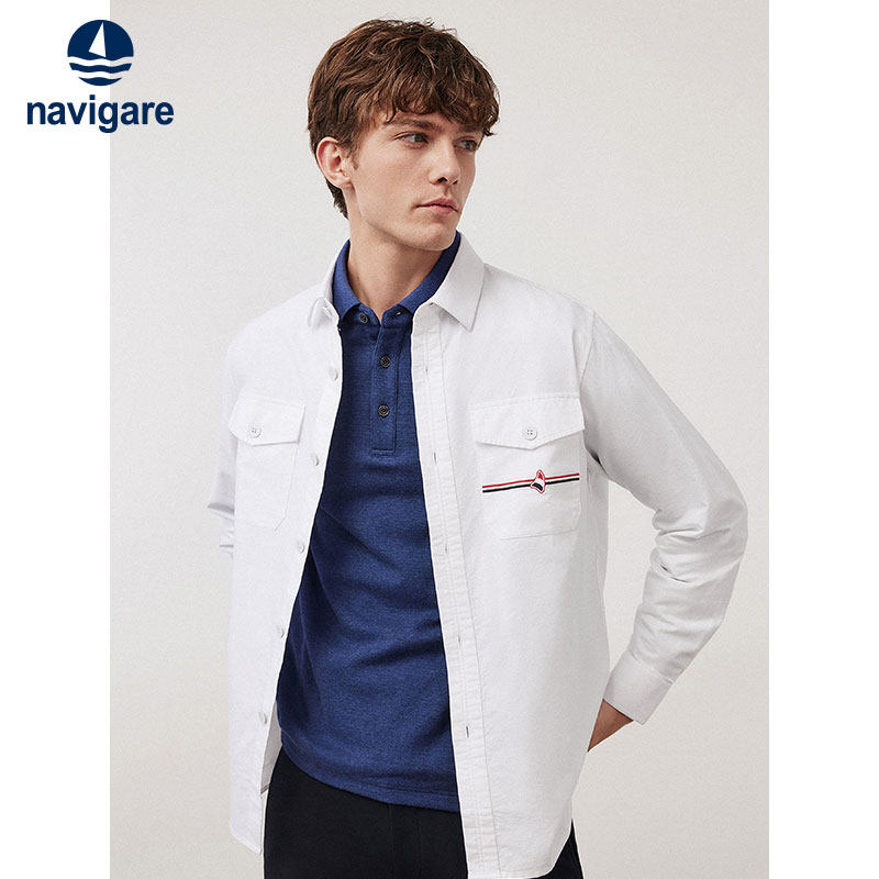 [纯棉]Navigare意大利小帆船白色工装长袖衬衫男秋季宽松衬