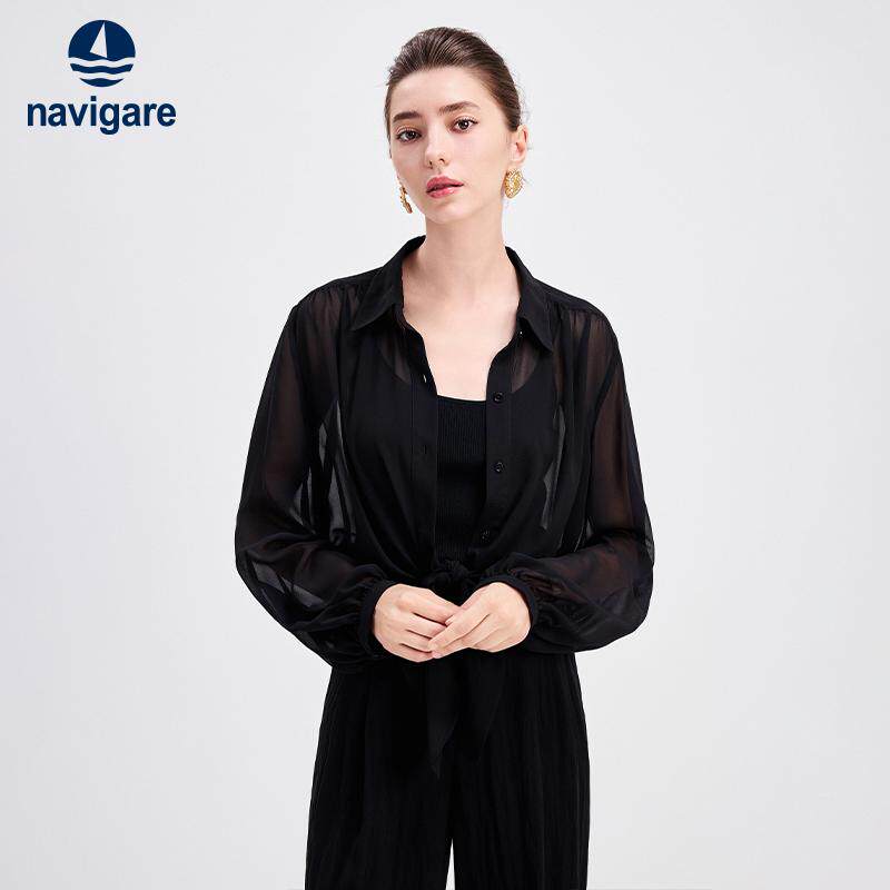 Navigare意大利小帆船黑色薄款长袖衬衫女休闲设计感宽松罩衫