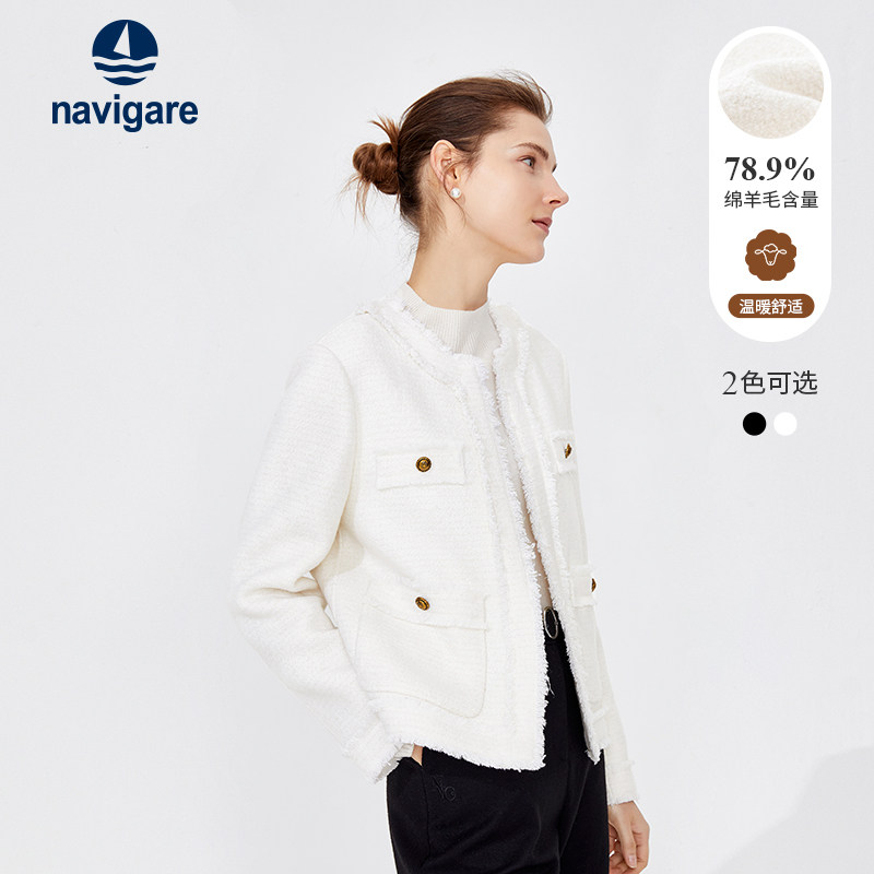[羊毛]Navigare意大利小帆船白色小香风呢大衣女春季休闲外