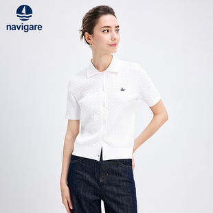 Navigare意大利小帆船白色短袖绞花毛衣女士休闲针织开衫外套