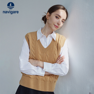 Navigare意大利小帆船V领无袖毛衣女2025秋季新款通勤纯羊毛背心