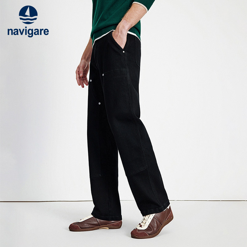 Navigare意大利小帆船黑色水洗牛仔裤男士2026春季新款直筒伐木裤,男装,牛仔裤,淘宝优惠券,粉丝福利购,淘宝优惠卷