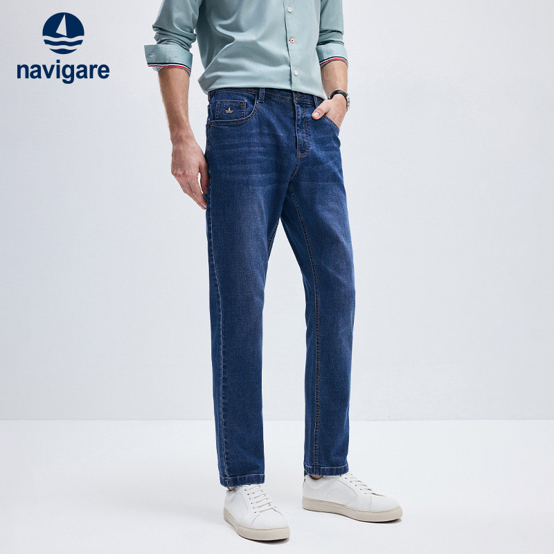 [冰丝]Navigare意大利小帆船蓝色休闲牛仔裤男士弹力小脚裤